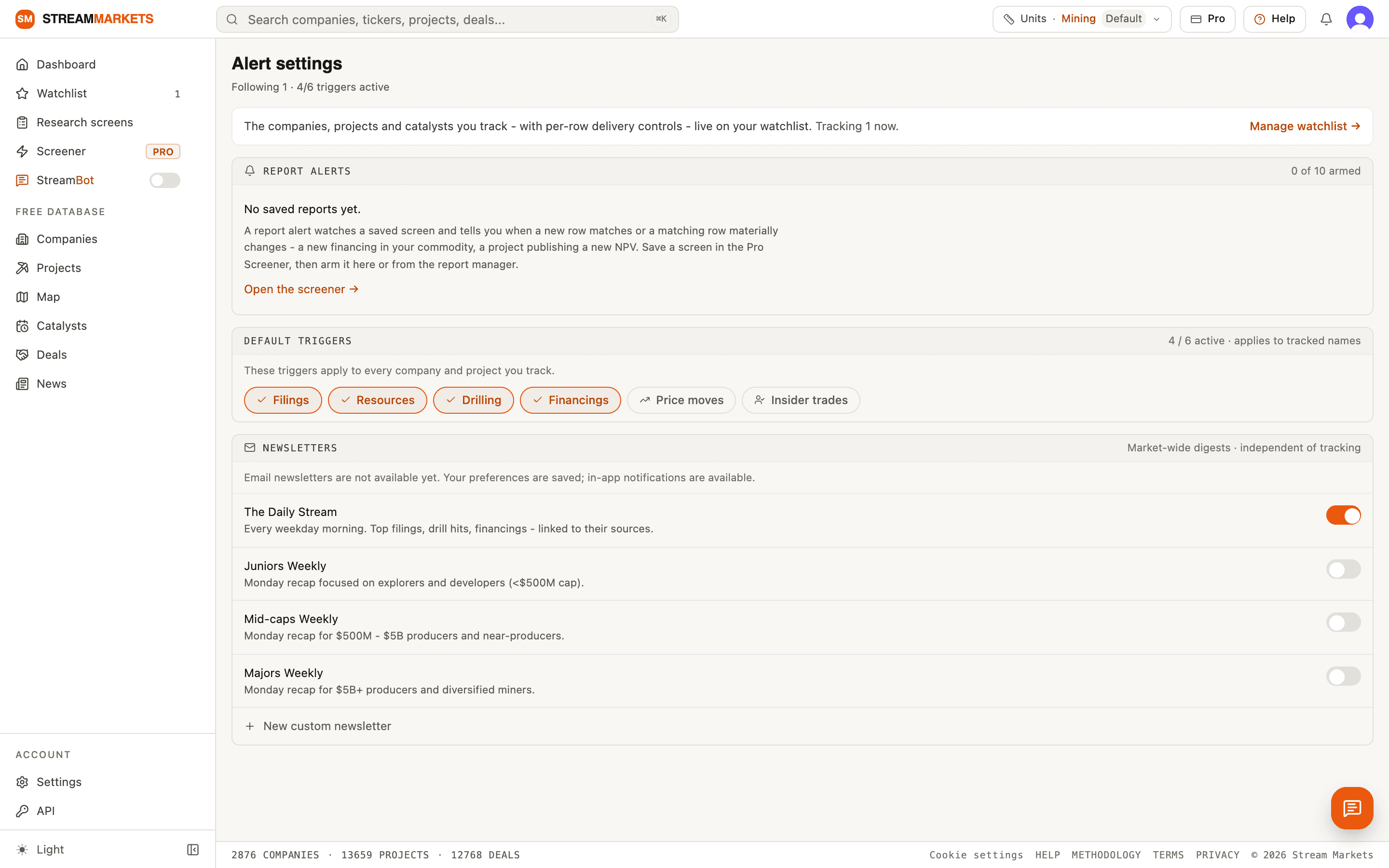 Alert settings: a link to the watchlist, report alerts, default triggers and newsletter preferences