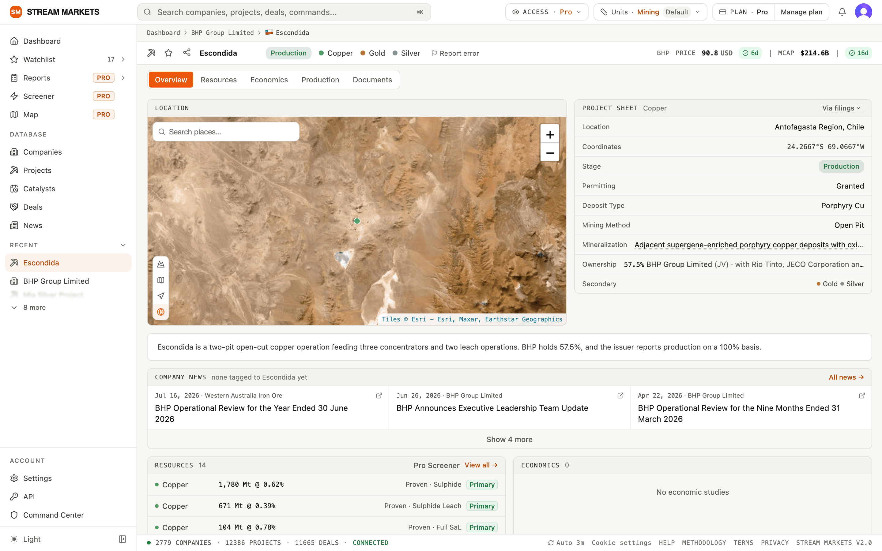 The Escondida project page: satellite location map, project sheet, description, company news, resources and economics